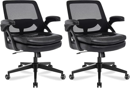 Big and Tall Office Chair, 500lbs Mesh Heavy Duty Ergonomic Desk Chair with Flip-up Armrests, Plus Size Wide Seat in PU Leather, 360 Swivel Computer Executive Task Chair for Home Office (Black)