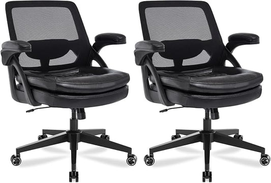 Big and Tall Office Chair, 500lbs Mesh Heavy Duty Ergonomic Desk Chair with Flip-up Armrests, Plus Size Wide Seat in PU Leather, 360 Swivel Computer Executive Task Chair for Home Office (Black)