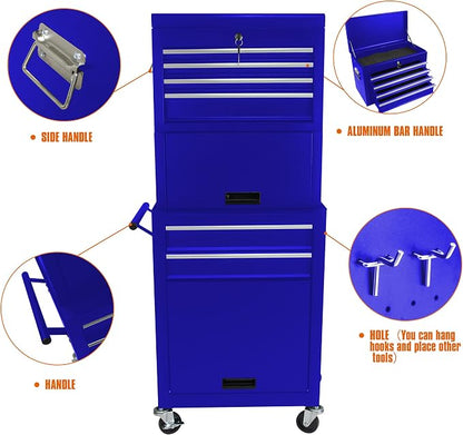 RYH 6 Drawers Rolling Tool Chest & Tool Box on Wheels | Heavy Duty Metal Cart with Ball Bearing Drawers | Fits US General Tool Box for Garage Storage(Blue, 6 Drawers 3 in 1/51.99" H × 20.87" W)