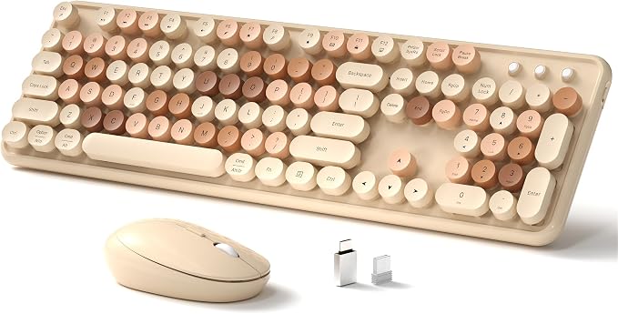 Links9+ Wireless Keyboard and Mouse, Full-Size Retro Typewriter Keyboard with Round Keycaps, 2.4GHz for Windows, Mac, Laptop, PC, Desktop (Milky Tea Colorful)
