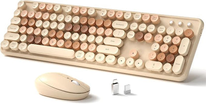 Links9+ Wireless Keyboard and Mouse, Full-Size Retro Typewriter Keyboard with Round Keycaps, 2.4GHz for Windows, Mac, Laptop, PC, Desktop (Milky Tea Colorful)