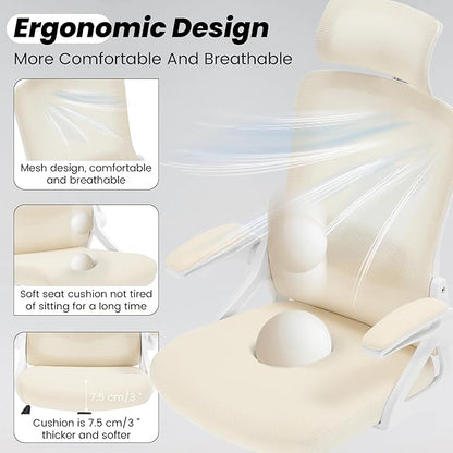 Fizzin Ergonomic Office Chair, 400 LBS Computer Chairs with Adjustable Lumbar Support, Breathable Mesh Desk Chair Ergonomic with Thickened Cushion, Comfy Home Office Desk Chair (Buff Beige)