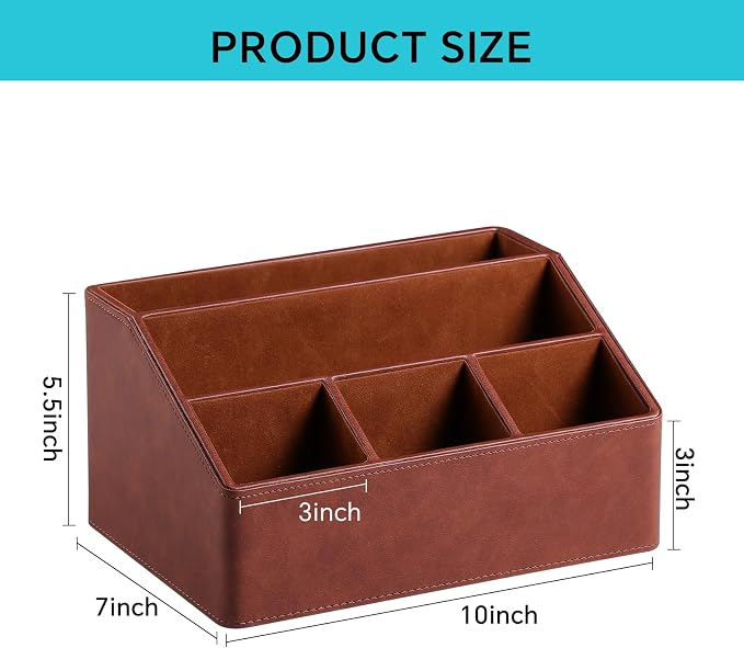 Desk Organizer Caddy with 5 Compartments for Office Art Supplies, PU Leather Nightstand Organizer Pencil Pen Desk Caddy for Home, Desktop TV Remote Control Holder Storage (Brown)