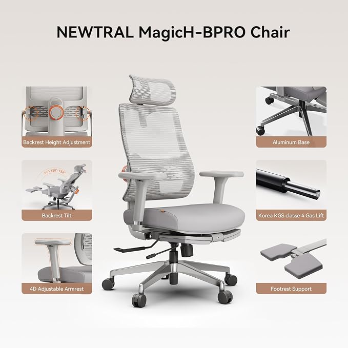 Newtral Ergonomic Office Chair, Auto-Following Lumbar Support, 5D Headrest & 4D Armrest, High Back Mesh Desk Chair with Footrest, 136° Tilt Lock,330lbs Capacity for Home Office Gaming