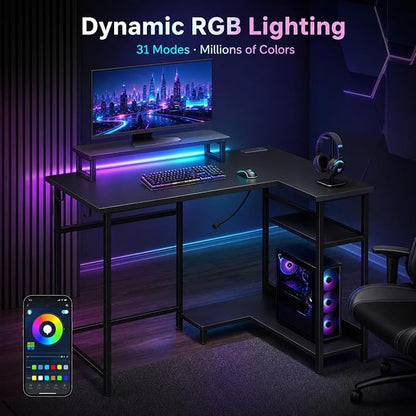 DEVAISE Compact 43" L Shaped Gaming Desk with LED Lights and Power Outlets - Corner Computer Table with Monitor Stand and Storage Shelves for Work and Gaming, Black