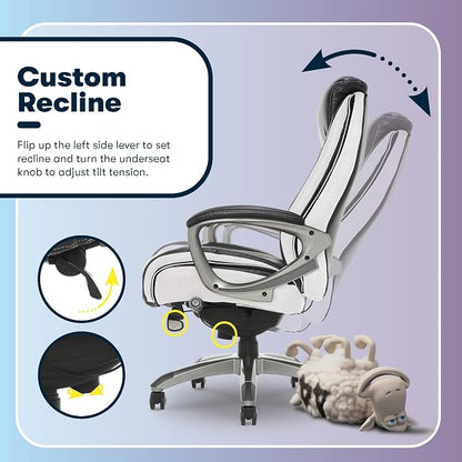 Serta® Lautner Executive Home Office Desk Chair, Ergonomic High-Back with Adjustable Lumbar and Body Pillows, SmartLayers™ and ComfortCoils® Technology, Mesh and Bonded Leather, Black and White