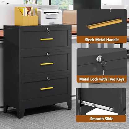 Metal Lateral File Cabinet with Lock,3 Drawer Steel Wide Filing Organization Storage Cabinets for Legal/Letter/A4/F4 Size with Hanging Files&Key,Lockable Printer Stand for Home Office, Black
