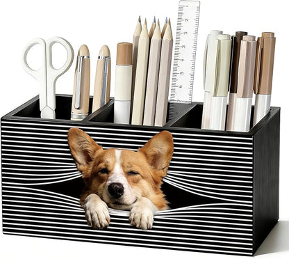 Funny Corgi Pen Pencil Holder for Desk, Corgi Lovers Gifts for Women Men, Dog Mom Lovers Gifts, Dog Office Decor Wooden Box Sign Decorations for Home Office Bedroom Desk Tabletop