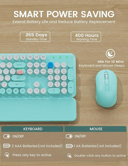 Wireless Keyboard and Mouse Combo - Cute Typewriter Keyboard with Detachable Wrist Rest, Retro Round Keycaps, Foldable Legs, 2.4GHz Full-Size for PC, Laptop, Windows - Trueque (Glacier Blue)