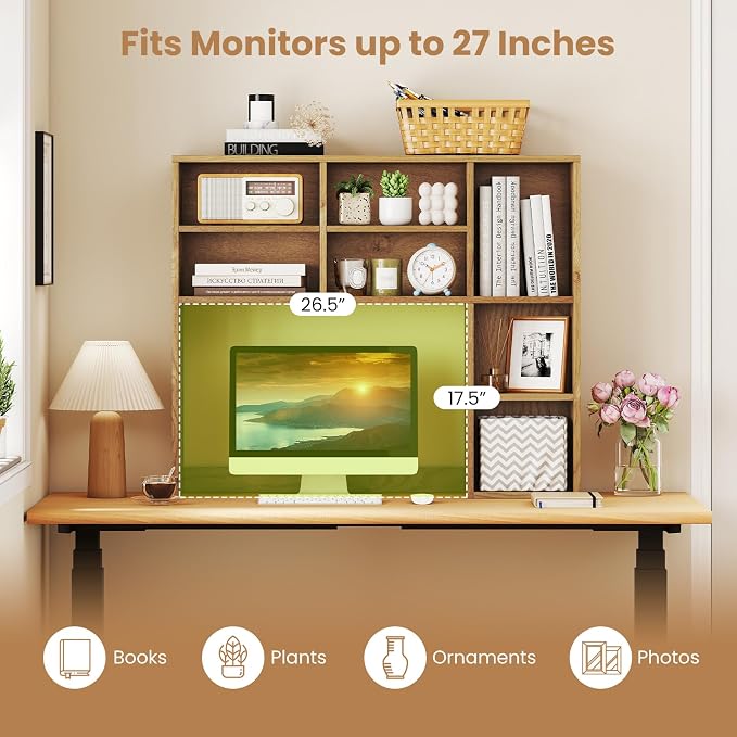 GOFLAME 7 Cubes Desktop Bookshelf, 37” Desk Organizer Shelf with 3 Adjustable Shelves, 3-Tier Wood Countertop Display Rack, Multipurpose Tabletop Desk Hutch for Dorm, Home Office, Natural