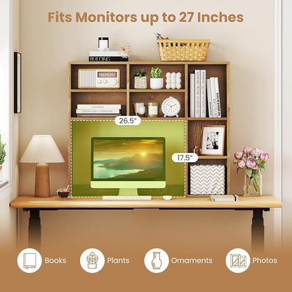 GOFLAME 7 Cubes Desktop Bookshelf, 37” Desk Organizer Shelf with 3 Adjustable Shelves, 3-Tier Wood Countertop Display Rack, Multipurpose Tabletop Desk Hutch for Dorm, Home Office, Natural