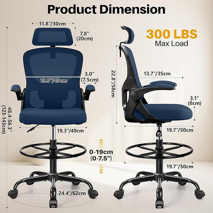 Drafting Chair, Tall Office Chair for Standing Desk, Ergonomic High Back with Headrest, Lumbar Support, Foot Ring and Flip-up Armrests, Navy Blue