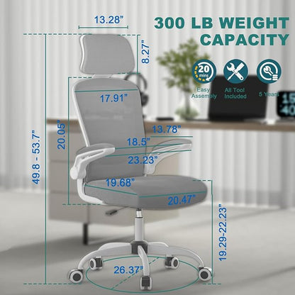 Mimoglad Office Chair, High Back Ergonomic Desk Chair with Adjustable Lumbar Support and Headrest, with flip-up Armrests for Guitar Playing, 5 Years Warranty (Moon Grey)