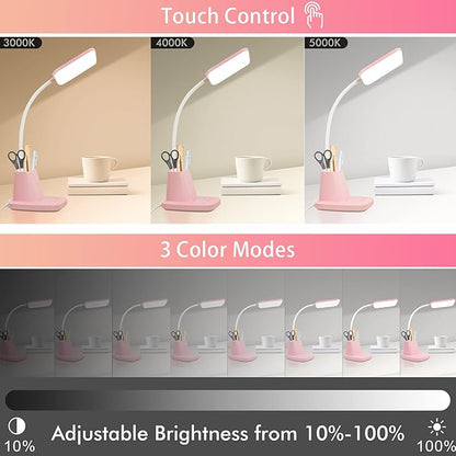 Pink Desk Lamp, Small Desk Lamp with Pen Holder, Wireless Charger LED Desk Lamps for Home Office, Kids Desk Lamps 800LM Flexible Arm 3 Modes Dimmable Touch, Study Lamps for College Dorm Room