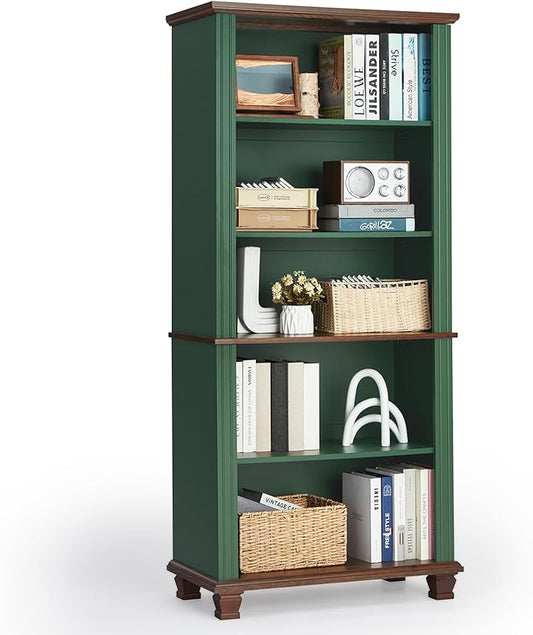 SAVOR LIFE 70" Tall Green Bookshelf,5 Tier Wooden Book Shelf with Adjustable Shelves & Wood Legs,Free Standing Farmhouse Bookcase with Open Display Storage,Vintage Bookshelves for Library,Classroom