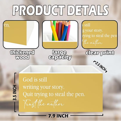 Yellow Christian Inspirational Pen Pencil Holder Organizer for Desk, Christian Office Decor, God Is Still Writing Your Story Bible Verse Wooden Box Sign for Office Home Desk Tabletop Decorations