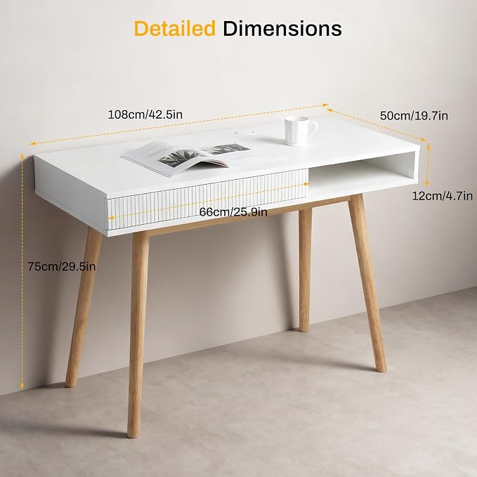 Artswish White Desk with Drawer for Small Spaces, Mid Century Modern Writing Desk with Storage Cubby & Cable Management Hole, Home Office Computer Desk for Bedroom, Apartment, Study Room