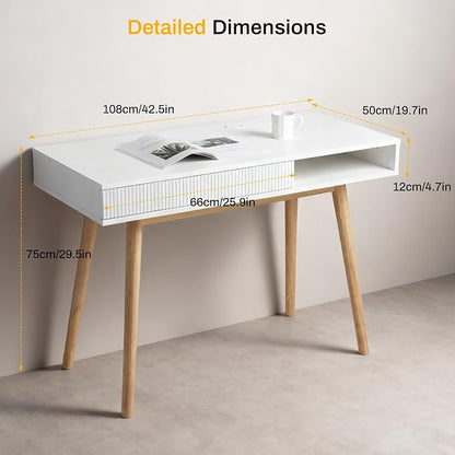 Artswish White Desk with Drawer for Small Spaces, Mid Century Modern Writing Desk with Storage Cubby & Cable Management Hole, Home Office Computer Desk for Bedroom, Apartment, Study Room