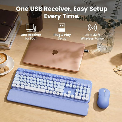 Wireless Keyboard and Mouse Combo, Magnetic Soft-Touch Wrist Rest, Round Keycaps, Full-Size Retro Typewriter Style Keyboard, 2-Stage Tilt Legs, Auto Sleep, 2.4GHz Cordless for Windows PC, Purple Ombre