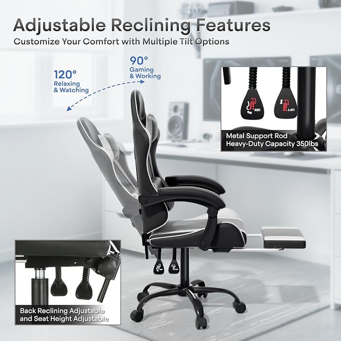 Athena Collection Ergonomic Gaming Chair with Footrest & Headrest Lumbar Support, Height Adjustable Swivel Office Chair Reclining Game Chair High Back Computer Chair for Adults, White