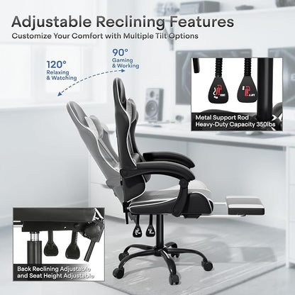 Athena Collection Ergonomic Gaming Chair with Footrest & Headrest Lumbar Support, Height Adjustable Swivel Office Chair Reclining Game Chair High Back Computer Chair for Adults, White