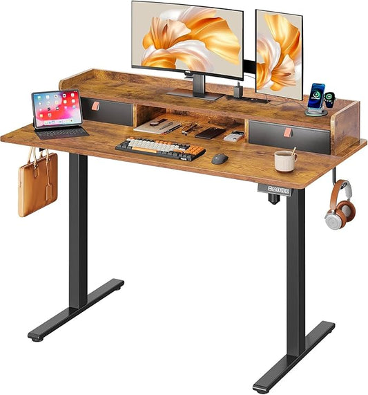 DEVAISE 48 Inch Electric Standing Desk with Shelf, 3 Adjustable Computer Desk for Home Office, with LED Touchscreen，Headphone Hook, 3 Memory Preset, with One-Piece Desktop, Rustic Brown
