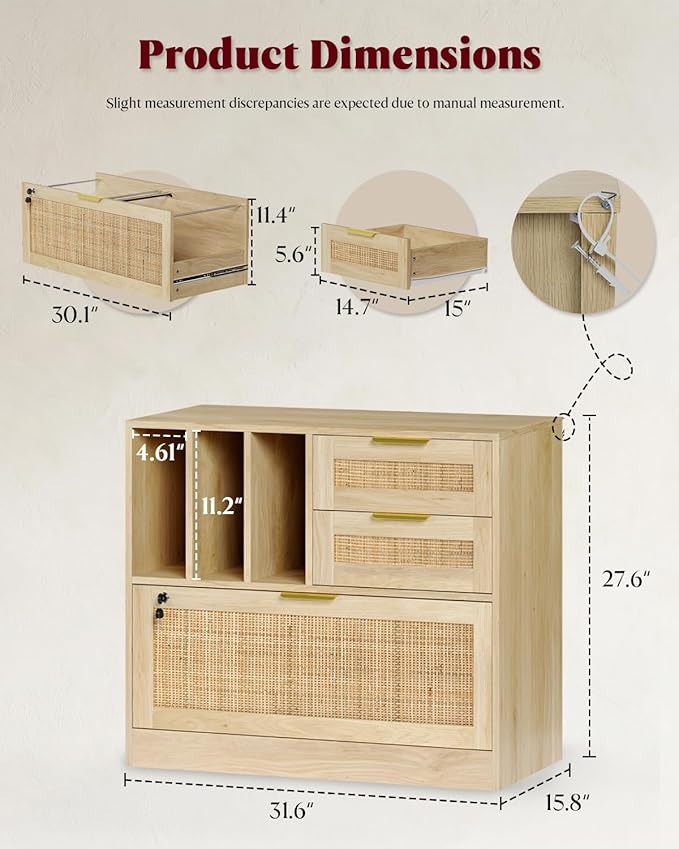 HOPUBUY 3 Drawer File Cabinet with Lock, Wood Rattan Lateral Filing Cabinet for Home Office, Printer Stand with 3 Open Shelves for Letter/Legal/A4/F4 Size, Adjustable Hanging Bars, Natural Wood