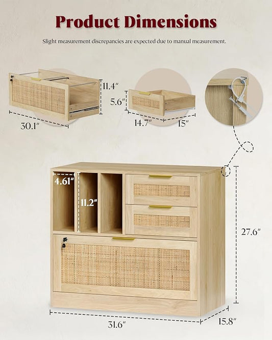 HOPUBUY 3 Drawer File Cabinet with Lock, Wood Rattan Lateral Filing Cabinet for Home Office, Printer Stand with 3 Open Shelves for Letter/Legal/A4/F4 Size, Adjustable Hanging Bars, Natural Wood
