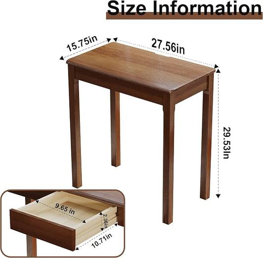 Solid Wooden Desk with Drawers - 28 x 16 Inch Narrow Desks for Small Spaces, Rubberwood Simple Study Table, Small Writing Desk for Bedroom - Natural Boho Desks