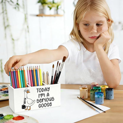 Funny Goose Pen Pencil Holder for Desk, Office Humor Gifts for Coworkers Employees Women Men, Today I'm a Serious Goose Wooden Box Sign Decorations for Home Office Workplace Desk Tabletop