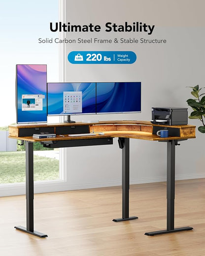 HUANUO 65″ L-Shaped Standing Desk with 3 Drawers, Vintage Brown | Built-in Power Outlets, LED Strip, Smooth Electric Height Adjustment, 4 Memory Presets, 220 lbs Capacity, Power Strip Holder