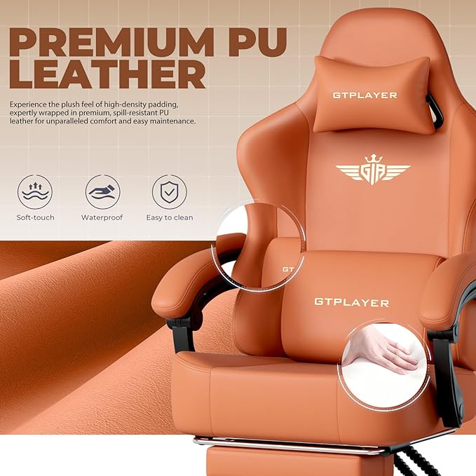 GTPLAYER Big and Tall Gaming Chair 400lbs Heavy Duty Office Chair with Footrest, High Back Pocket Spring Ergonomic Computer Chair for Adults, Wide Seated Cushion with Linkage Armrests,Leather Orange