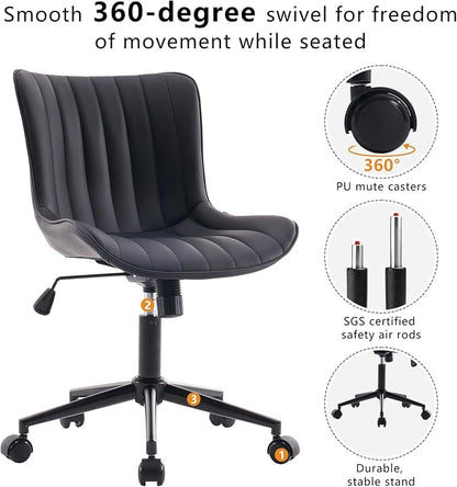 YOUNIKE Black Office Desk Chair with Wheels Comfy Armless Small Vanity Chair with Adjustable Rocking Back Modern Leather Upholstered Rolling Task Computer Chair Cute Swivel Drafting Chair Compact