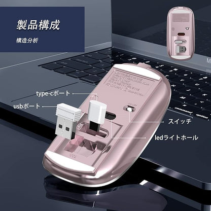 Halpilt Wireless Mouse Chargeable Portable Silent USB and Type-C Dual Mode Wireless Mouse 3 Adjustable DPI for Laptop, Mac, Android, PC (Q23S Rose Gold)