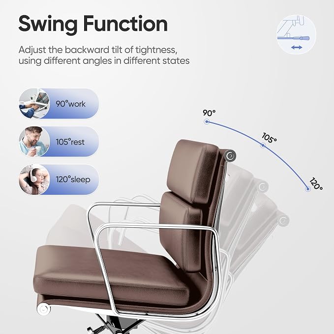 Genuine Leather Office Chair, Padded Mid Back Ergonomic Executive Desk Chair with Aluminum Arm Rest and Base, Swivel Wheels with Lumbar Support & Tilting Function, Hight Adjustable Dark Brown