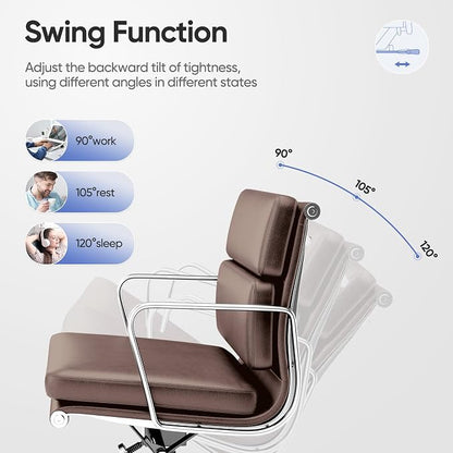 Genuine Leather Office Chair, Padded Mid Back Ergonomic Executive Desk Chair with Aluminum Arm Rest and Base, Swivel Wheels with Lumbar Support & Tilting Function, Hight Adjustable Dark Brown