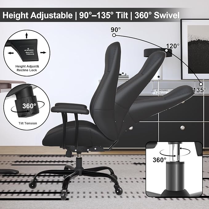 E-Ser Leather Desk Chair, Mid Century Modern Office Chair, Black | Lumbar Support, Ergonomic, 360° Swivel, Rubber Rolling Wheels, Adjustable Height, for Adults