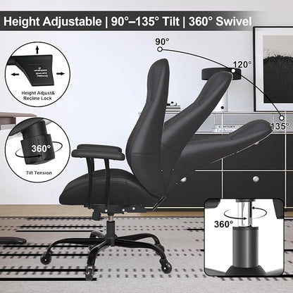 E-Ser Leather Desk Chair, Mid Century Modern Office Chair, Black | Lumbar Support, Ergonomic, 360° Swivel, Rubber Rolling Wheels, Adjustable Height, for Adults