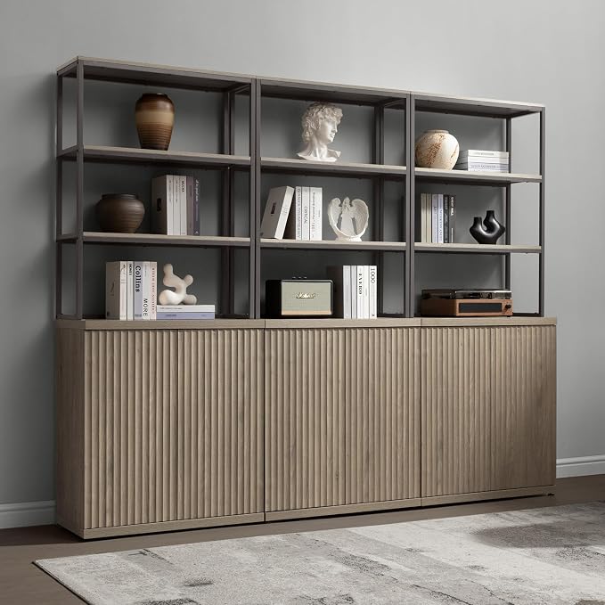 SICOTAS Book Shelf Fluted Bookshelf Cabinet - 75" Tall Bookcase 6 Tier Large Bookshelves with Doors Storage Modern Triple Wide Book Shelves Case for Living Room Home Office, Metal Frame, Grey