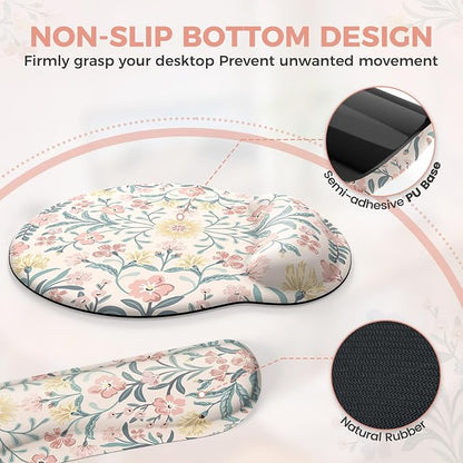 iCasso Desk Pad Mat, Large Mouse Pad and Keyboard Wrist Rest Set, Desk Protector Mat,4in1 Ergonomic Carpal Tunnel Keyboard Pad with Wrist Support for Desktop Cover Home Office Computer(Pink Flowers)