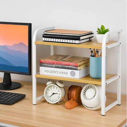 Desktop Shelf Organizer Office Desk Shelf for Top of Desk Wood & Metal Bookshelf Supplies Storage Rack (White&Walnut)