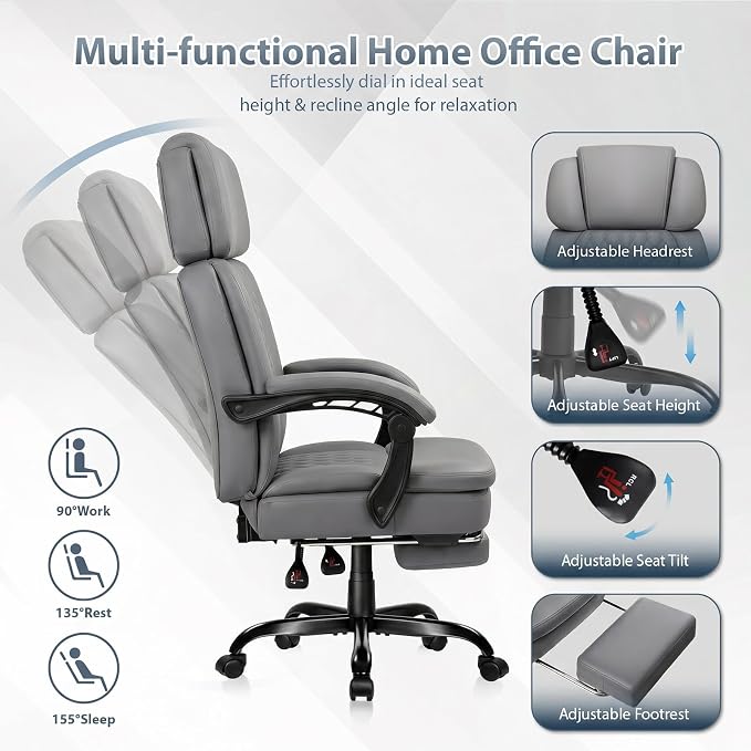 PRETZI Executive Office Chair 400LBS, Ergonomic Office Chair with Foot Rest, Heavy Duty Desk Chair for Home Office, Reclining High Back PU Leather Computer Chair Comfy, Gray