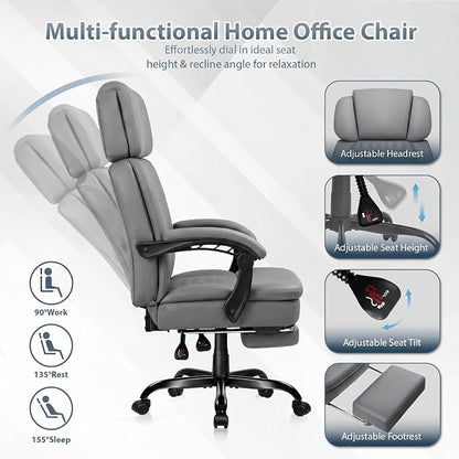 PRETZI Executive Office Chair 400LBS, Ergonomic Office Chair with Foot Rest, Heavy Duty Desk Chair for Home Office, Reclining High Back PU Leather Computer Chair Comfy, Gray