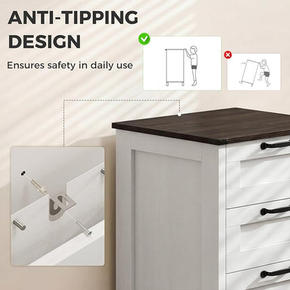 HOMCOM 3 Drawer File Cabinet with Silent Slides, Vertical Filing Cabinet for Hanging A4/Letter Size, Rustic Farmhouse Printer Stand with Storage for Home Office, Distressed White