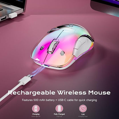 memzuoix 2.4G LED Wireless Mouse, Rechargeable Ergonomic Mouse with Detachable Cover, 1400 DPI Portable Optical Computer Mouse with USB Receiver for Laptop, PC, Desktop and MacBook, 5 Buttons-Pink