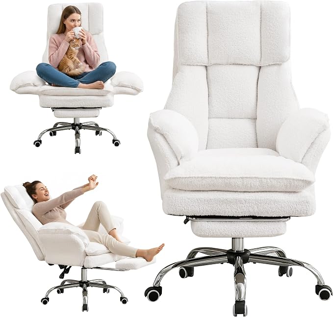 Cloud Cross Legged Office Chair with Footrest,Teddy Fleece Big and Tall Executive Ergonomic Chair, Flip Armrests for Pets,155° Reclining Computer Wide Desk Chair for Home,Office (White)