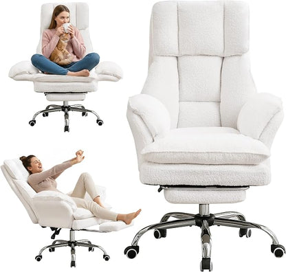 Cloud Cross Legged Office Chair with Footrest,Teddy Fleece Big and Tall Executive Ergonomic Chair, Flip Armrests for Pets,155° Reclining Computer Wide Desk Chair for Home,Office (White)