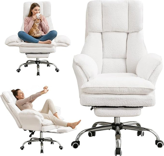 Cloud Cross Legged Office Chair with Footrest,Teddy Fleece Big and Tall Executive Ergonomic Chair, Flip Armrests for Pets,155° Reclining Computer Wide Desk Chair for Home,Office (White)