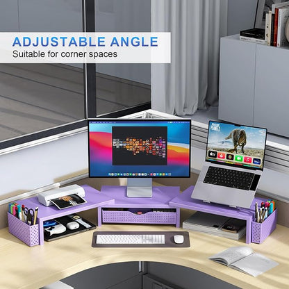 gianotter Dual Monitor Stand Riser, Desk Organizer With Drawer and 2 Pen Holders, Desk Organizers and Accessories, Purple Office Decor (Purple)