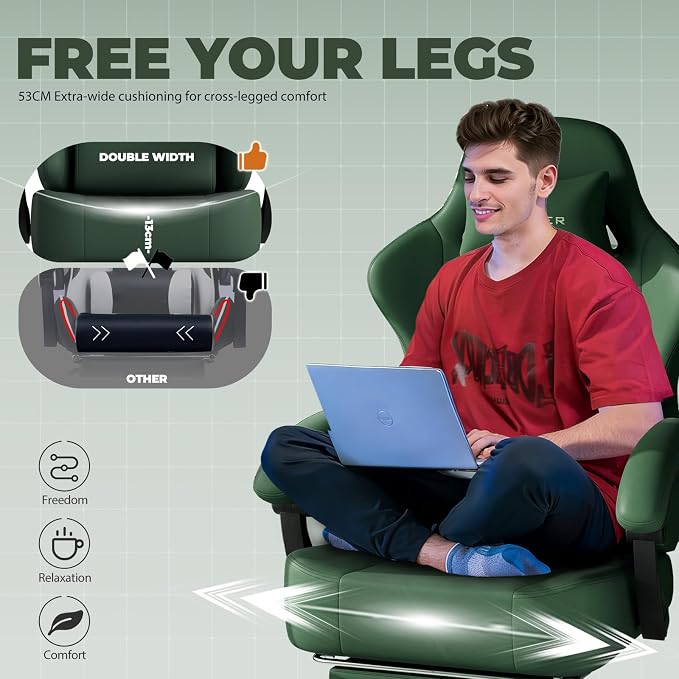 GTPLAYER Big and Tall Gaming Chair 400lbs Heavy Duty Office Chair with Footrest, High Back Pocket Spring Ergonomic Computer Chair for Adults, Wide Seated Cushion with Linkage Armrests, Leather Green
